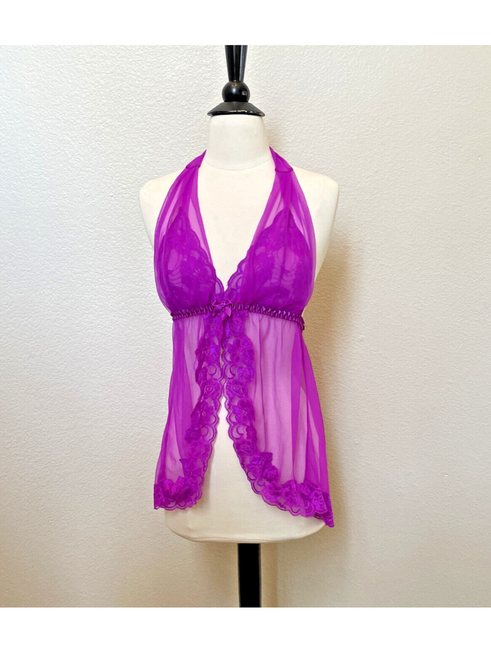 NOS Fredericks of Hollywood Purple Babydoll Lingerie 2 Piece Halter Lace Small